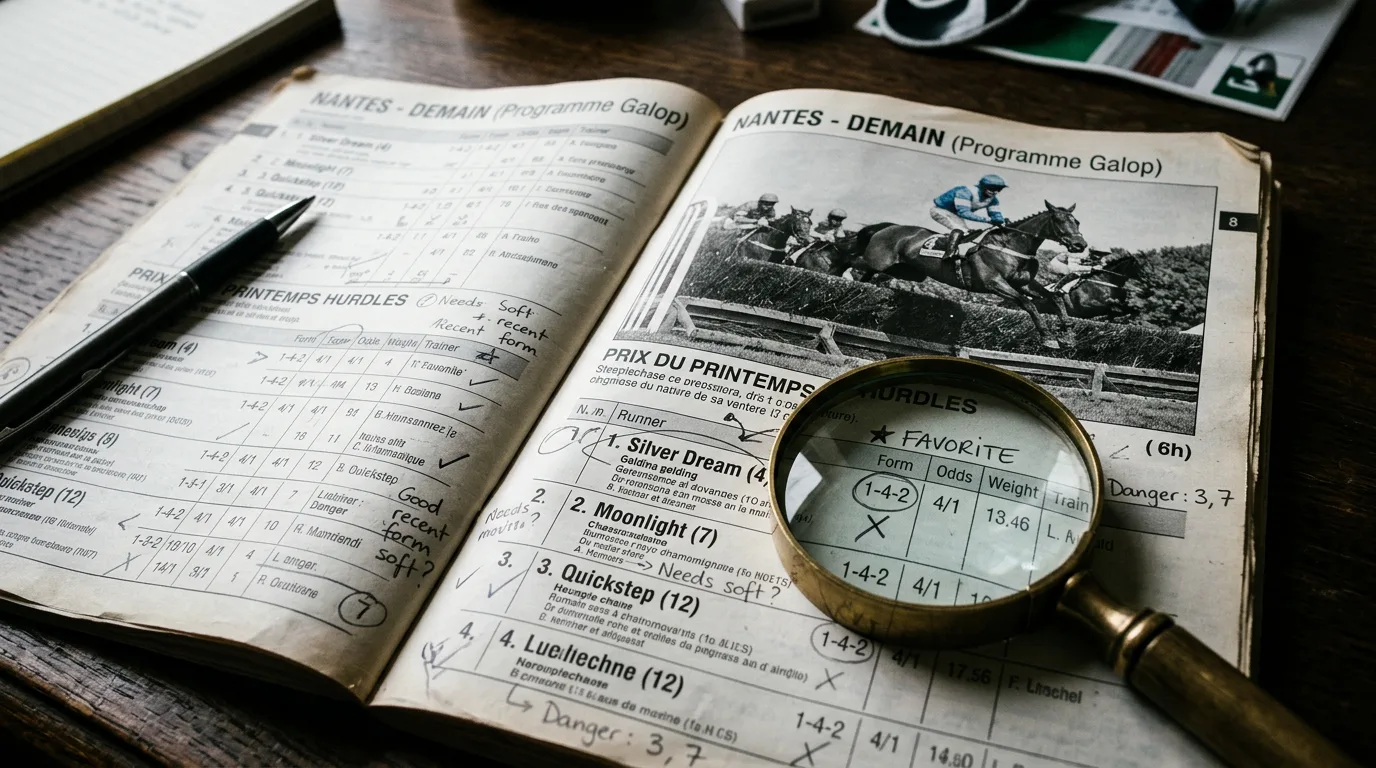 Chevaux franchissant une haie dans le programme galop demain à Nantes sous un ciel clair
